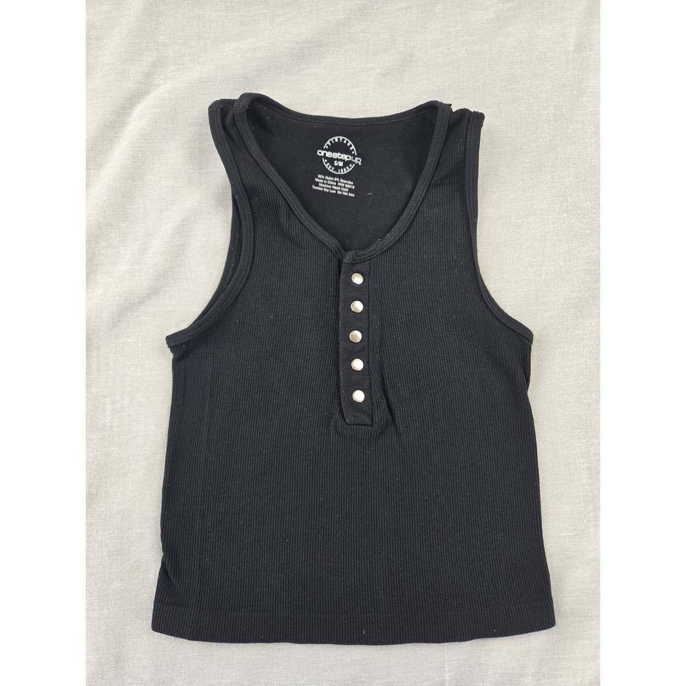 One Step Up‎ Womens Black Ribbed Henley Snap Button Tank Top Size S/M